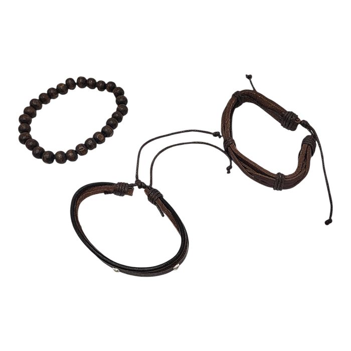 Bransoletka męska rzemyk brązowa 3  elementy