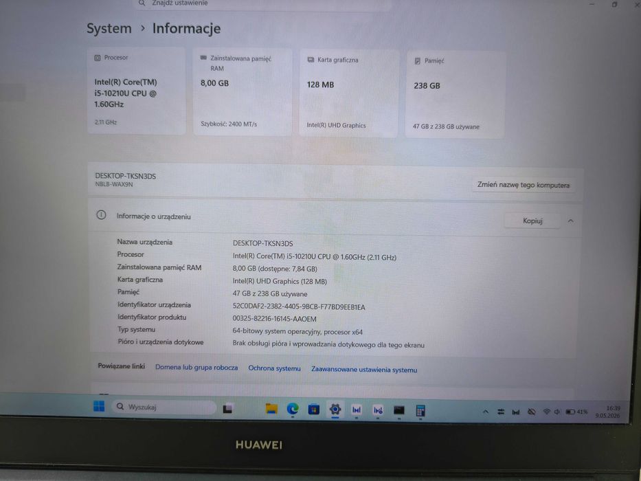 Laptop Huawei MateBook D14, model NbB-WAH9Q, i5-10210U/8GB/256GB/Win11/FullHD