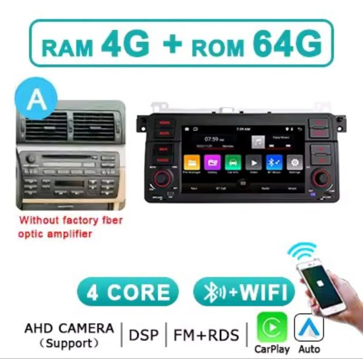 Rádio BMW Série 3 E46 7" 4/64GB CarPlay Android Auto GPS Bluetooth