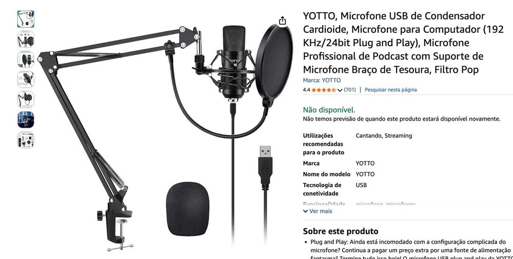 Microfone com Braço Articulado (Streaming, Gaming, Podcast)