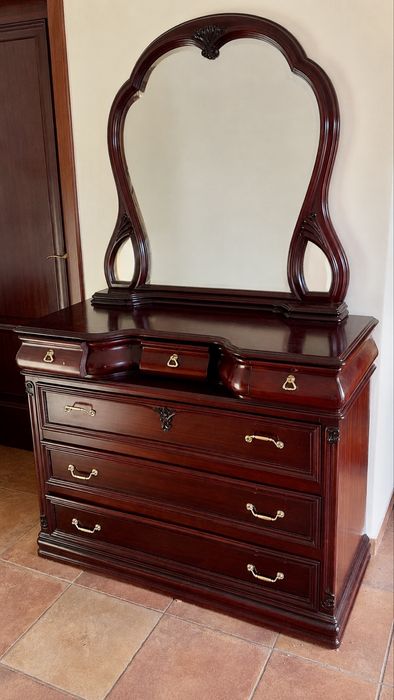 Quarto completo madeira maciça: cama 140x200 + 2 mesas + cómoda + espelho + Emma | Solid wood bedroom set: bed + 2 bedside tables + dresser