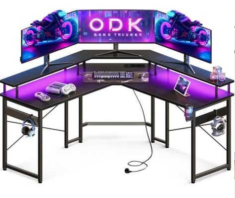 ODK Stolik gamingowy z diodami LED, biurko gamingowe z 2 gniazdami wtykowymi i 2 portami ładowania USB, stolik gamingowy z dużą półką na monitor