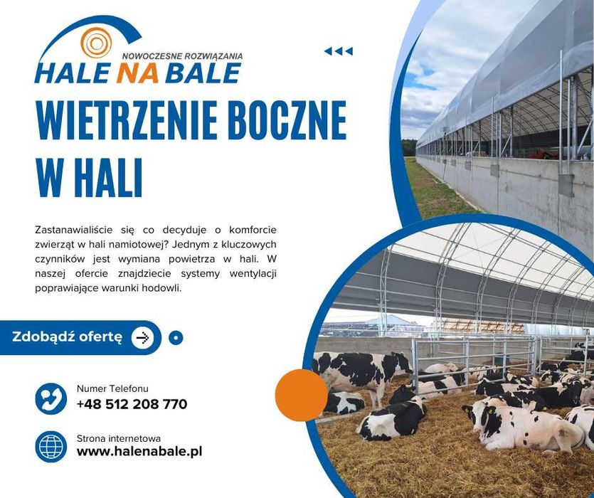 Oryginalne HaleNaBale.pl pod bydło 16x30 wietrz. boczne i kalenicowe