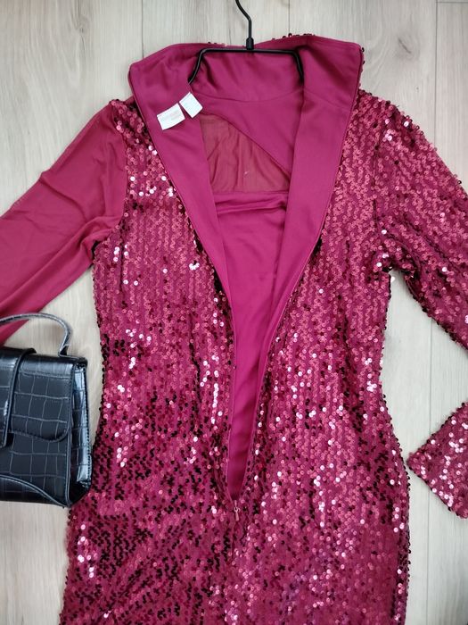 Bordowa sukienka maxi cekinowa elegancka 34 wieczorowa sequin dress