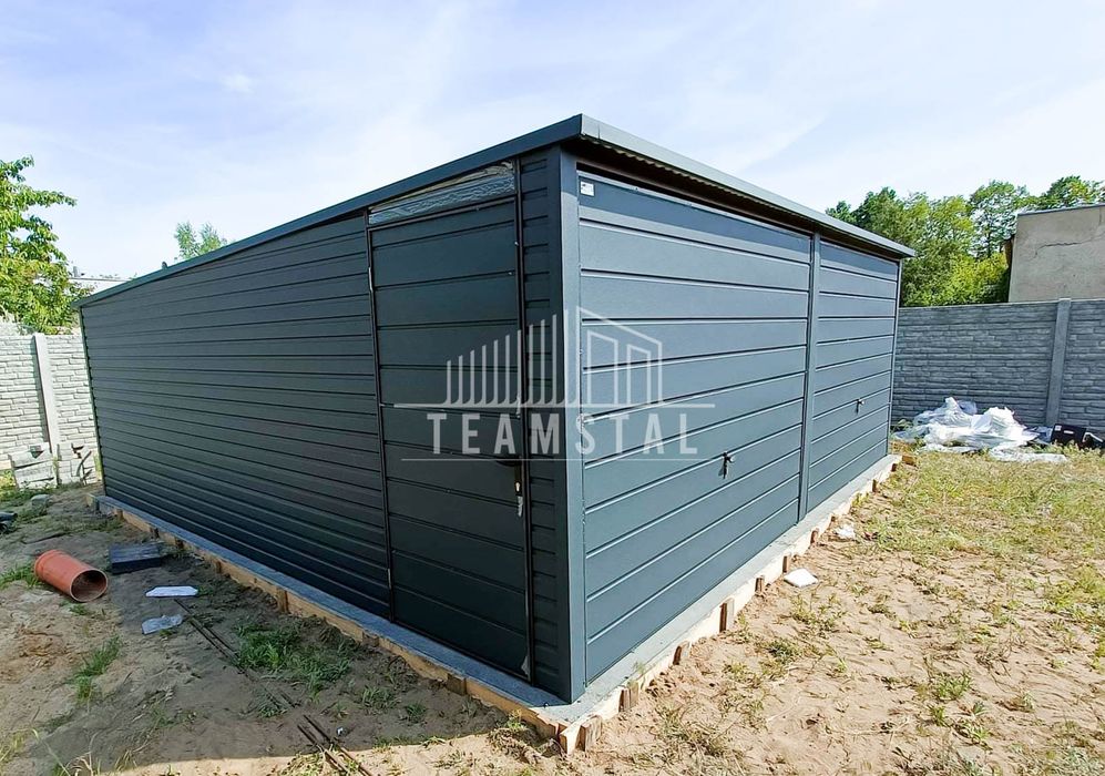 GARAŻ BLASZANY 6m x 5m spad tył 2x Brama antracyt drzwi TS243 6x5