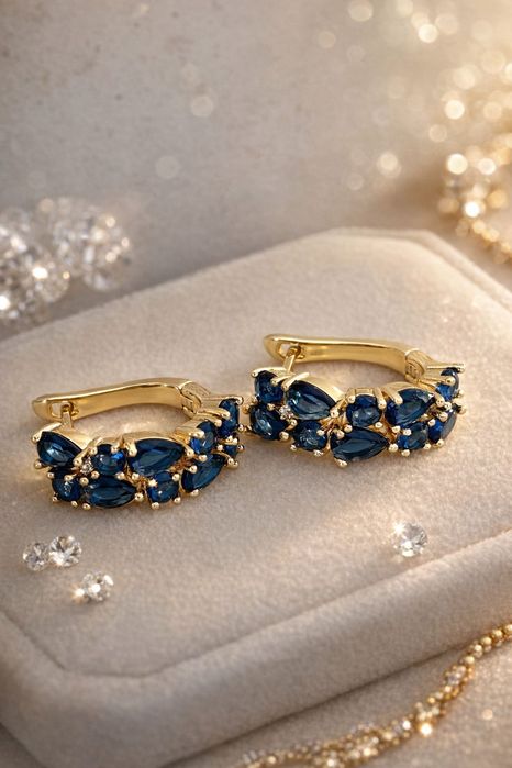Złote kolczyki cyrkonia granatowa prezent biżuteria glamour vintage casual viral gold premium exclusive