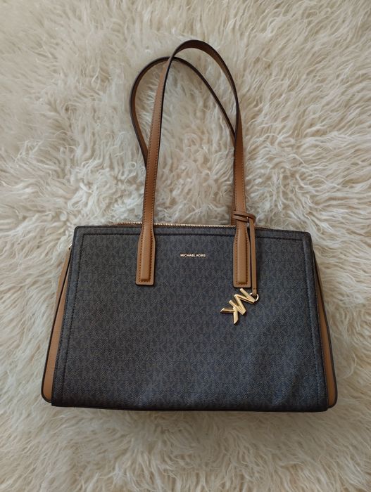 Oryginalna torebka na ramię Michael Kors Laila monogram brązowa beżowa skórzana shopper duża