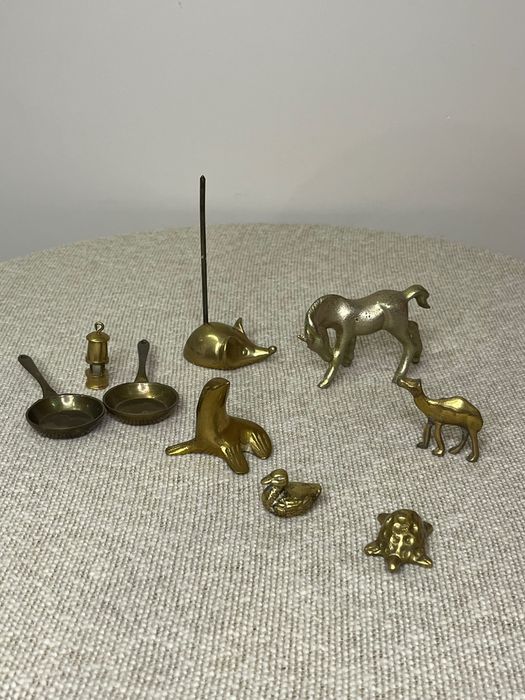 9 szt. Vintage mini figurki z mosiądzu. Koń, foka, żółw, mysz, kaczka.