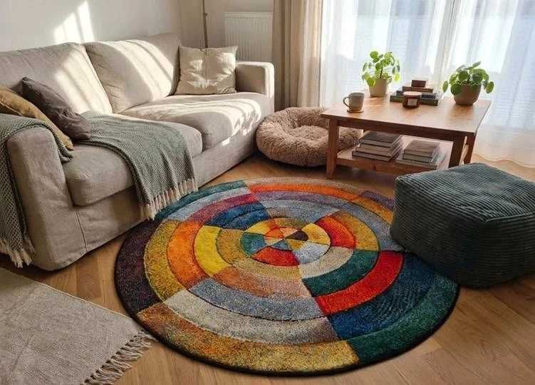 Okrągły dywan 120 cm kolorowy retro geometryczny miękki