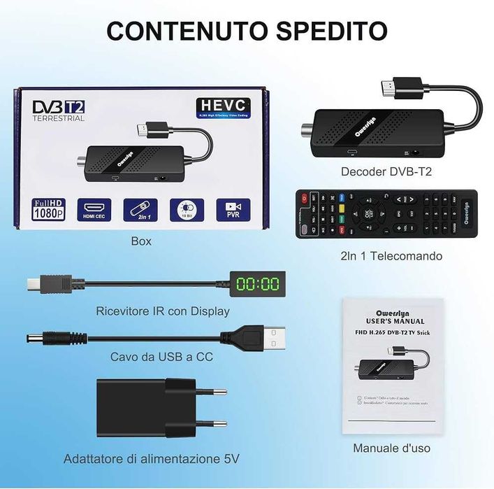 Dekoder Tuner DVB-T2 HEVC H.265 Full HD Owerslyn M3-Stick