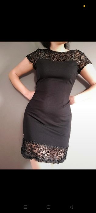 Piekna sukienka mała czarna z cekinami i koronką Kalami exclusive r.40