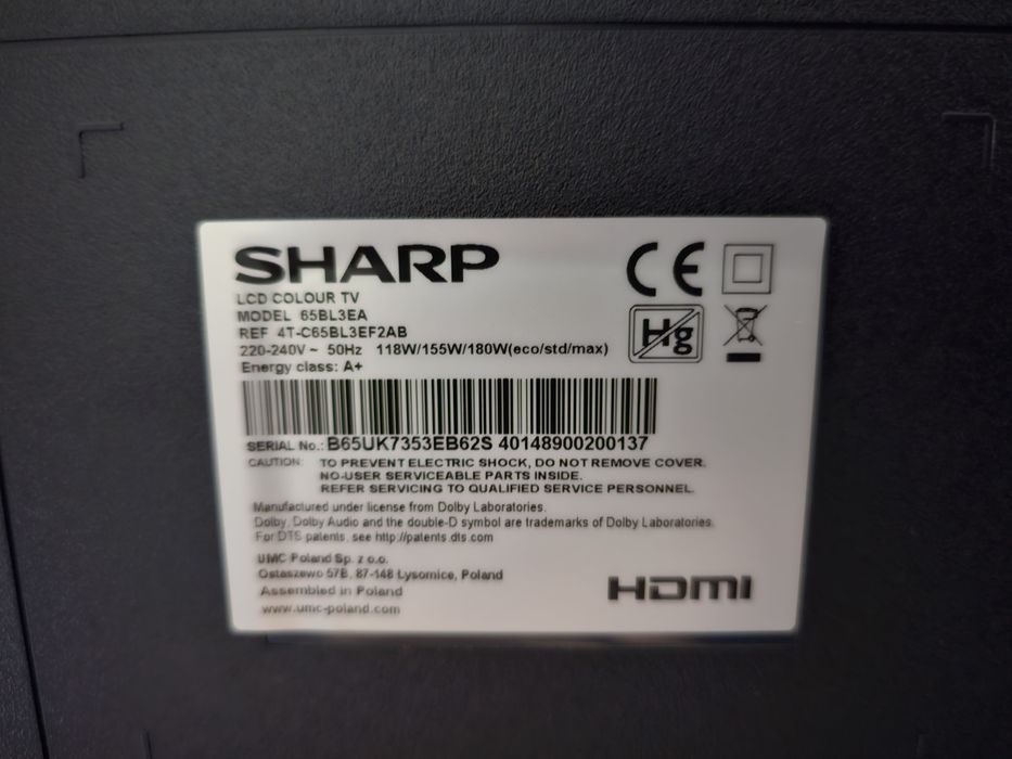 Sharp 65 cali uszkodzony