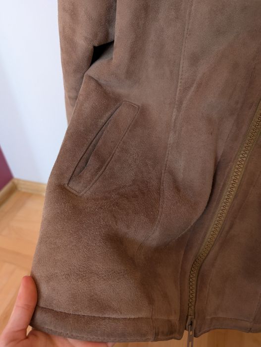 Ciepły skórzany camelowy kożuch z kapturem