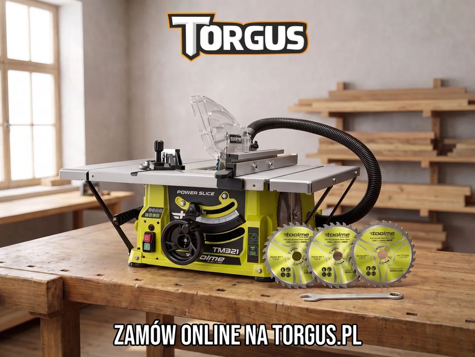 NOWA Piła Stołowa Toolme TM321 1700W 210mm Cyrkularka Krajzega Pilarka Tarczowa 5000 obr Blat 68x50cm Cięcie 70mm 3 Tarcze Do Drewna FAKTURA!