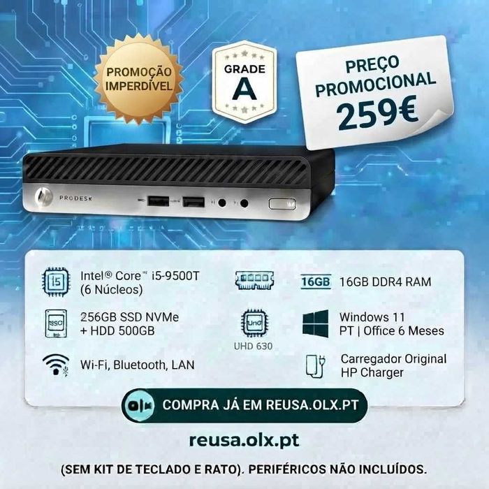 Mini PC HP ProDesk 400 G5 | i5-9500T | 16GB DDR4 | NVMe 256GB + HDD 500GB | WiFi | W11
