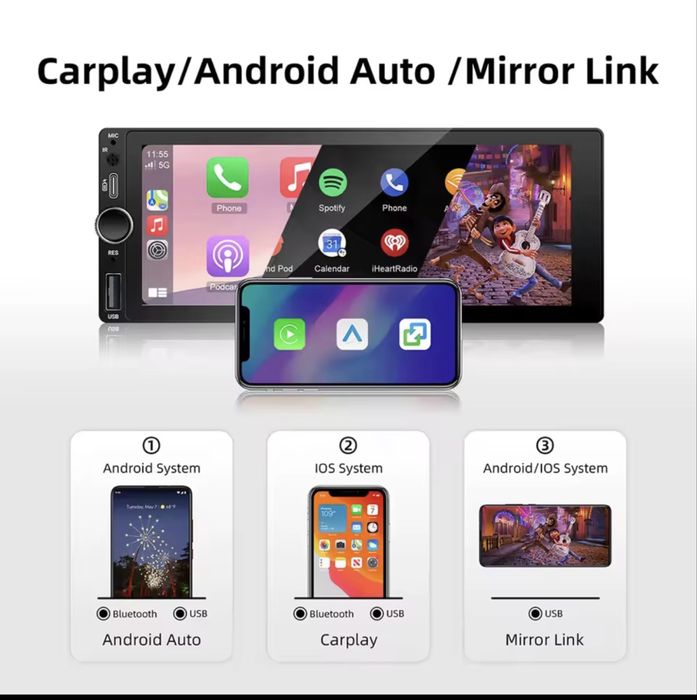 Автомагнітола 6.86 1DIN з CarPlay та Android Auto