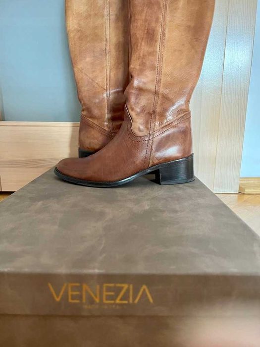 Kozaki / oficerki Venezia naturalna skóra ocieplane, 25cm