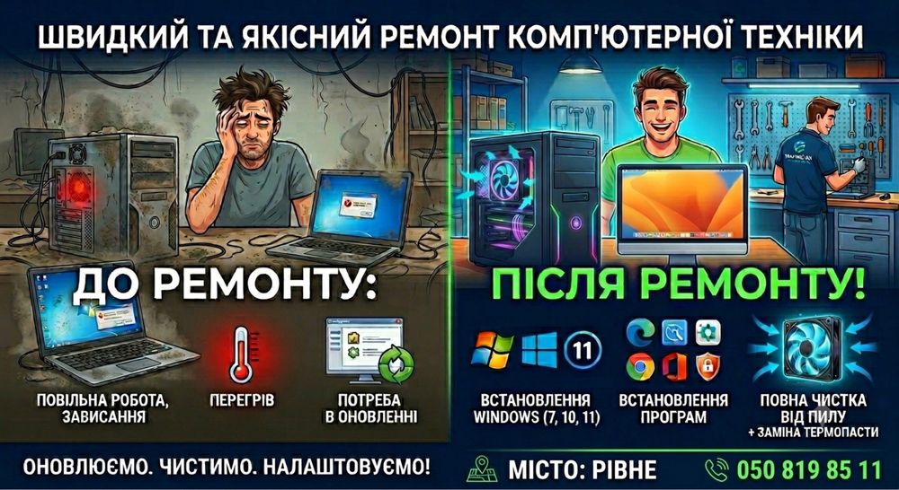 Обслуговування заміна термопасти та чищення ноутбуків та ПК Також ремонт телефонів заміна дисплеїв.Працюю по новій пошті.