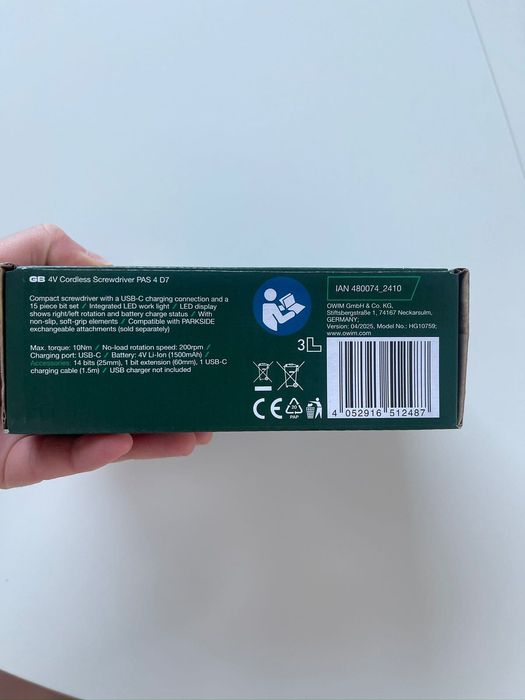 Аккумуляторная отвертка Parkside PAS 4 D7 (4 В)