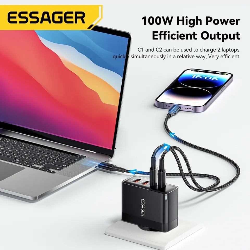100W Mощная зарядка для ноутбука смарфона 4 порта (2 USB + 2 Type C ...