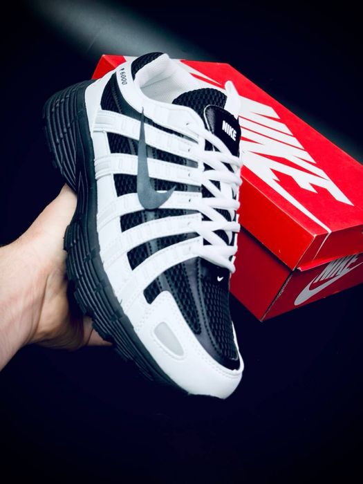 Черно белые мужские кросовки Летние красовки Найки лето Nike P 6000 натуральная кожа Продуваемая сетка Кросовки Nike P-6000