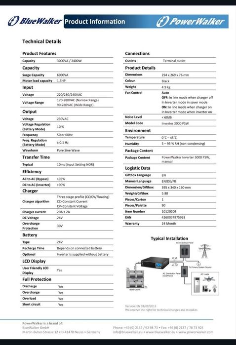 Інвертор Blue PowerWalker Inverter 3000 PSW (Потужність - 3000 ВА / 2400 Вт) 24Вольта безперебійник