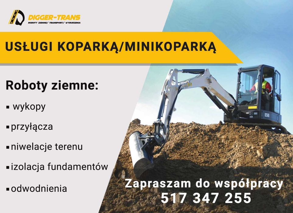 Usługi koparką/minikoparką, wykopy, przyłącza, niwelacje. POLECAM!
