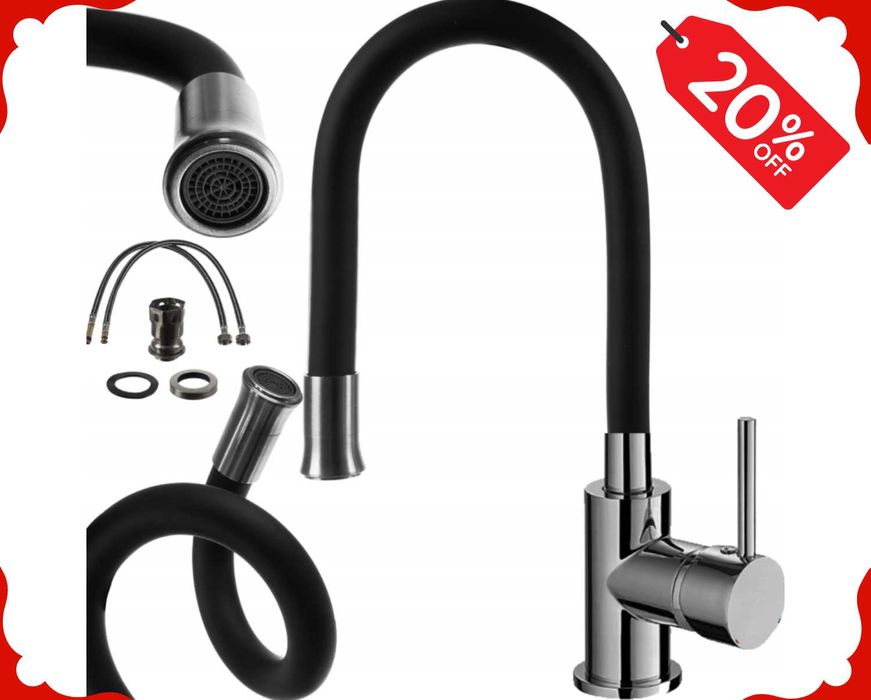 Nowa BATERIA KUCHENNA Czarna Elastyczna Wylewka Giętka Kran (-20%)