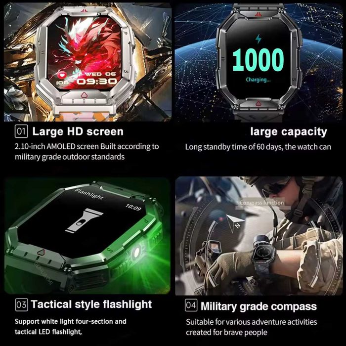 Смарт часы. VWAR KR82 PRO. NFC. Compass. 1000mAh.LED-фонарик Барометр