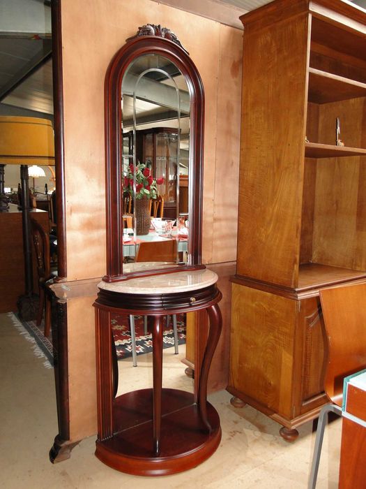 Wooden console table with stone top and large mirror - No signs of use
