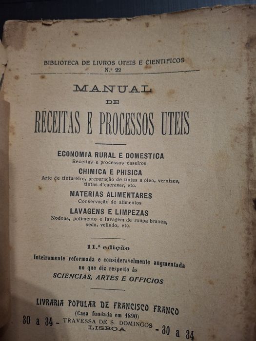 Livro muito antigo culinária manual de receitas processos uteis