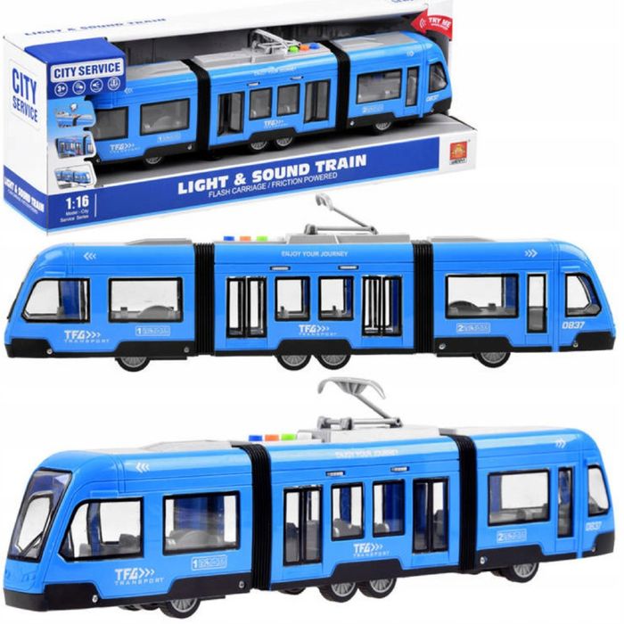 duży tramwaj jeździ dźwięki światła baterie niebieski 930b