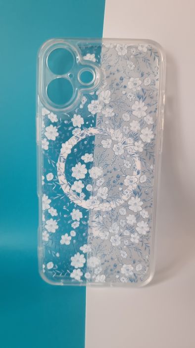 RALEAVO magnetyczne etui do iPhone 16 Plus – niebieskie kwiaty