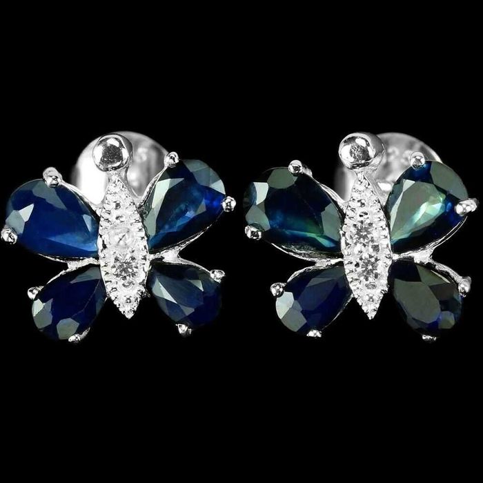 Серебряные серьги -бабочки с синим сапфиром 925 пробы