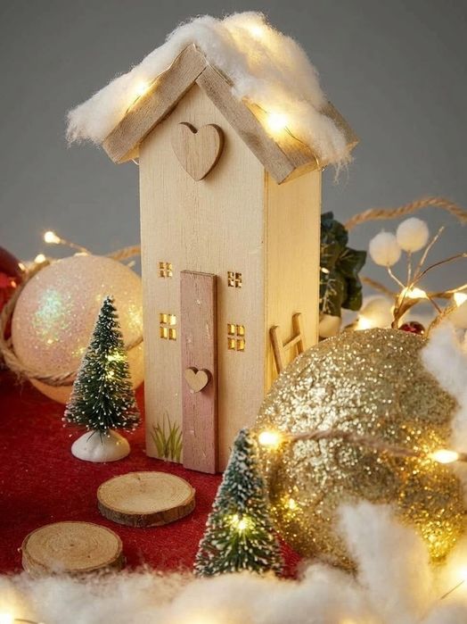 Aldeia Natal com luzes, em madeira natural, 40x27x23cm