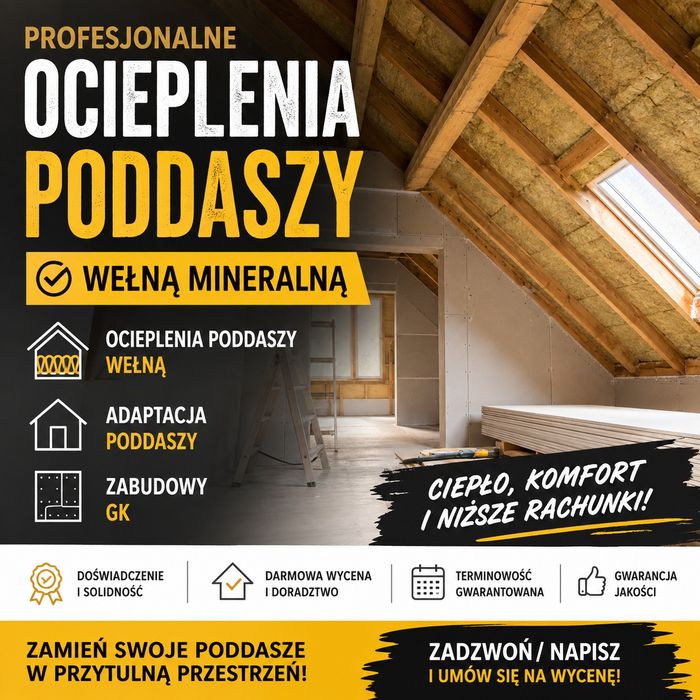 Ocieplenia poddaszy / zabudowa gk /  sufity podwieszane / szpachlowanie