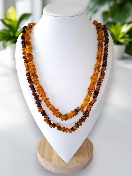 Korale BURSZTYN bałtycki barok i siecz polerowana, dwa sznury #1051