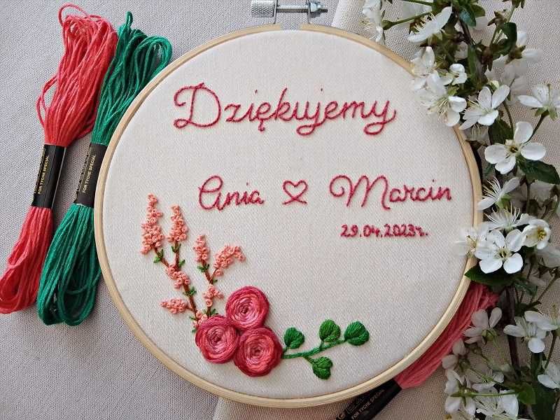Haftowane róże. Podziękowanie rodzice, dziadki. Prezent urodziny, ślub