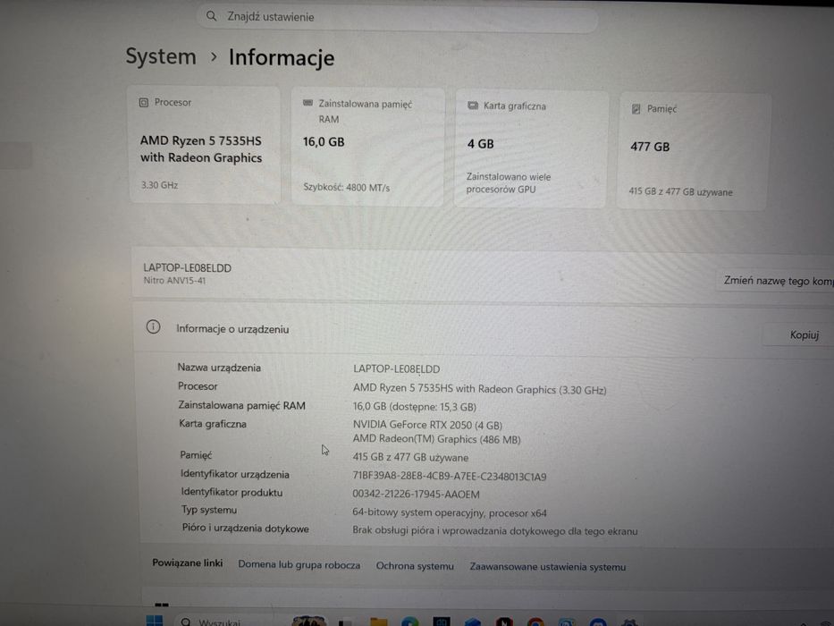 Laptop gamingowy Acer nitro v15