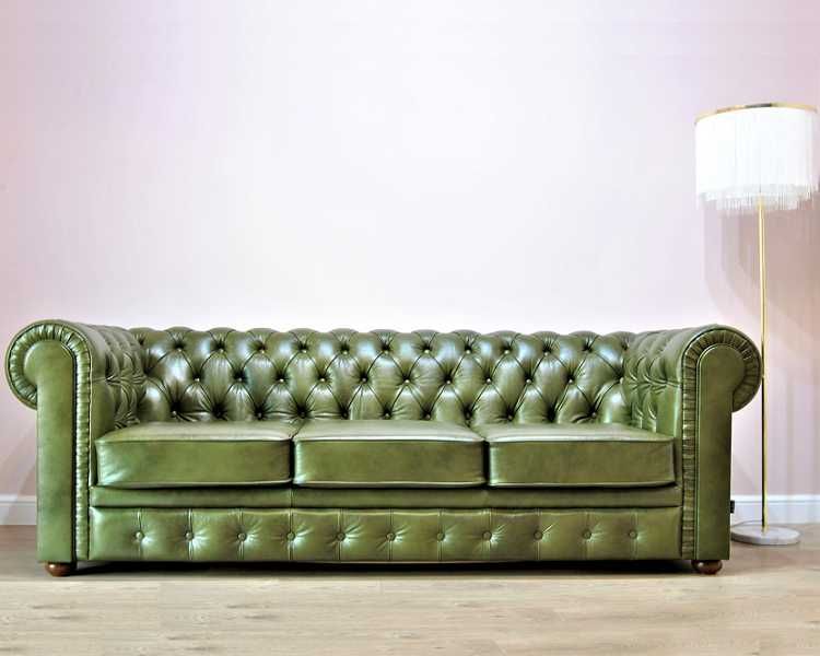Pikowana sofa Chesterfield | Skóra naturalna | 3 osobowa | oliwkowa