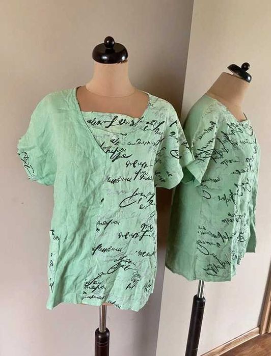 Xxl 44 46 bluzka pistacjowa zielona len linien modna oversize +size