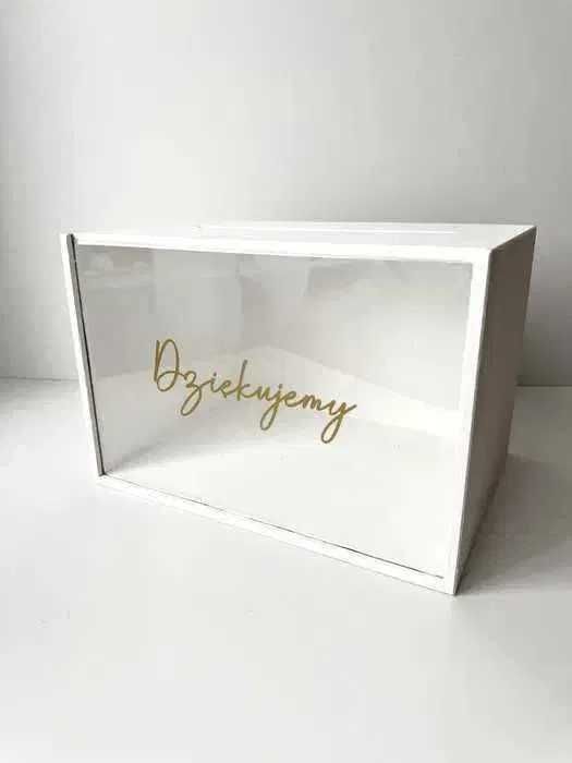 Białe pudełko na koperty przezroczysty front pleksi złoty napis wesele
