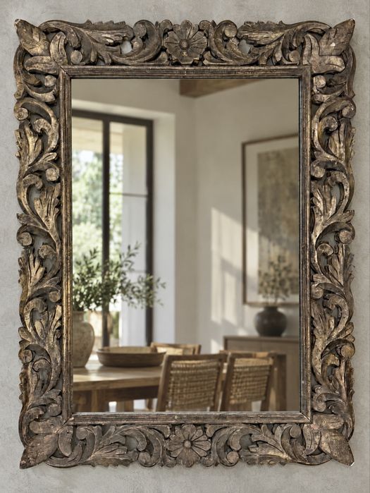moldura antiga espelho decoração arte oriental indiana talha teca rustica