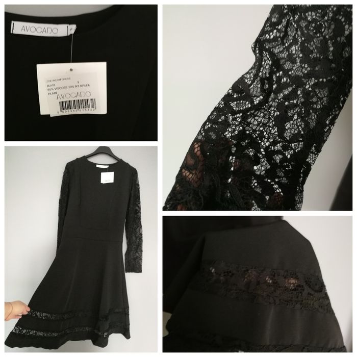 Czarna elegancka sukienka 36 s z koronką rękaw koronkowy
