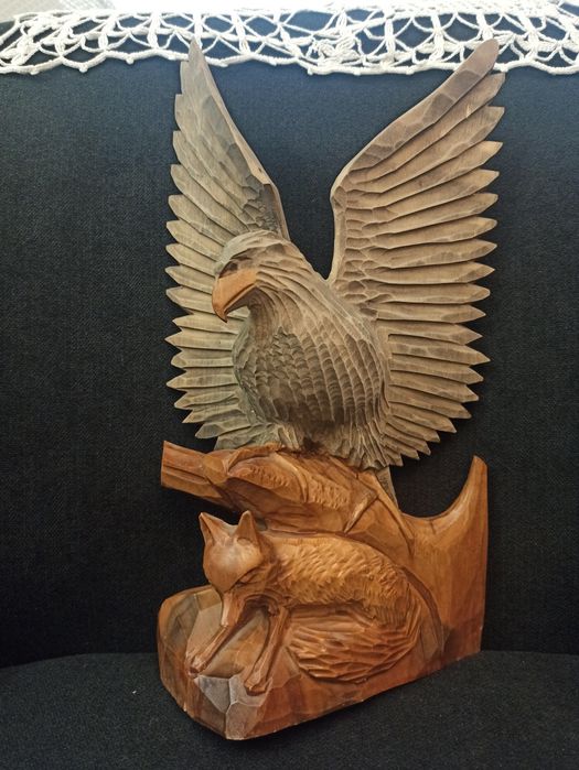 Rzeźba w drewnie, Orzeł i lis. Vintage PRL