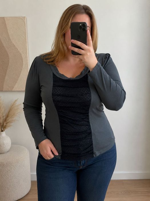 Armani Jeans M/L damska szara bluzka z czarnym panelem grey long sleeve blouse ruched front panel