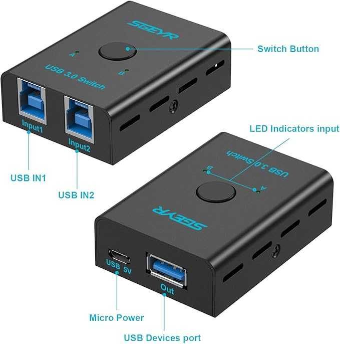 SGEYR USB 3.0 Switch 2x1 przełącznik 2 komputery 1 urządzenie USB 757