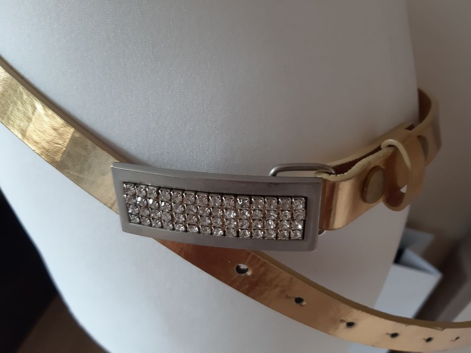 Pasek złoty vintage stary boho klamra kamyki prl 90 cm używany