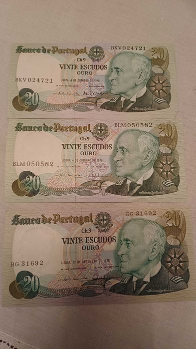 3 notas de 20 escudos em excelente estado