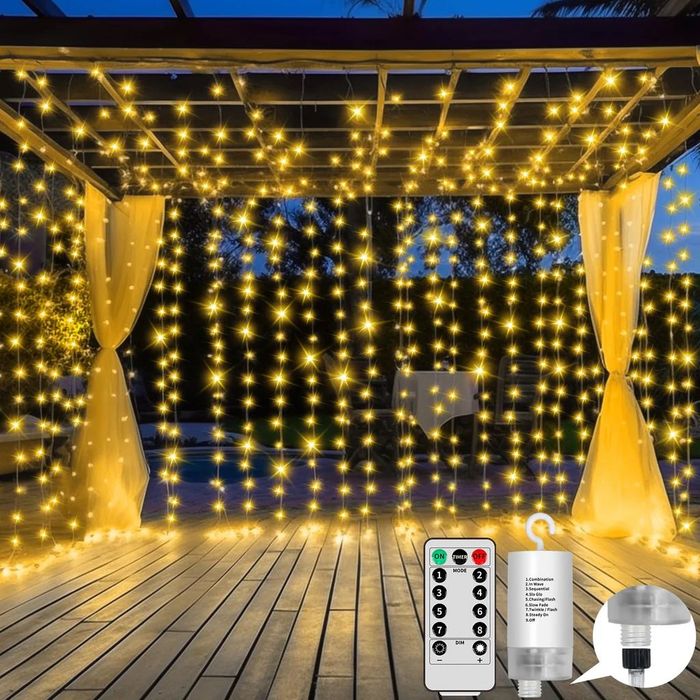 Kurtyna świetlna 3x3m na baterię pilot wodoodporna 300LED wieszaki